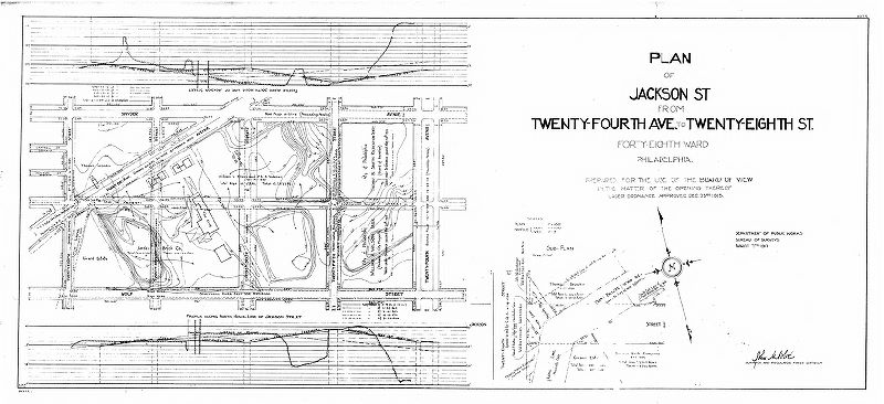Plan, Plan [and profile] of Jackson Street from Twenty-fourth Ave. to Twenty-eighth St., Forty-eighth Ward, Philadelphia. Prepared for the use of the Board of View in the matter of opening thereof, under ordinance approved Dec. 23rd 1915. [Survey returned Aug. 7, 1917]