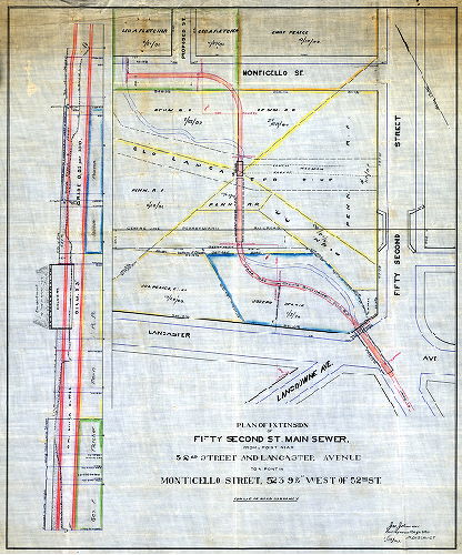 Plan, Plan of extension of Fifty Second St. Main Sewer from a point near 52nd Street and Lancaster Avenue to a point in Monticello Street, 523' 9-7/8" west of 52nd St. For use of Road Jury only. Jan. 15, 1895