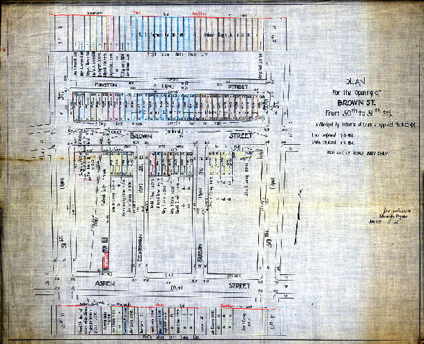 Plan, Plan for the opening of Brown St. from 50th to 51st Sts. Authorized by ordinance of Councils, approved March 20, 1909. Lines confirmed July 17, 1858. Grades confirmed March 8, 1884. For use of Road Jury only. June 5, 1909