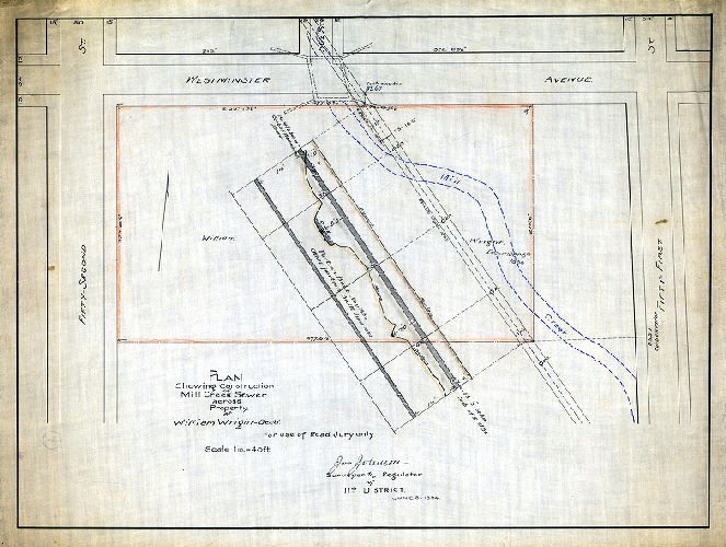 Plan, Plan showing construction of Mill Creek Sewer across property of William Wright, Dec'd. For use of Road Jury only. Scale 1 inch = 40 ft. June 8, 1894