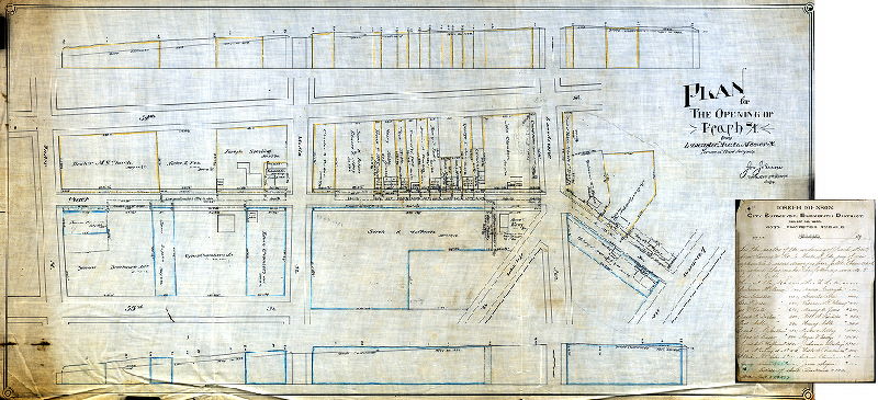 Plan, Plan for the opening of Peach St. from Lancaster Ave. to Master St. For use of Road Jury only. May 25, 1894 [With attached list of damage awards]