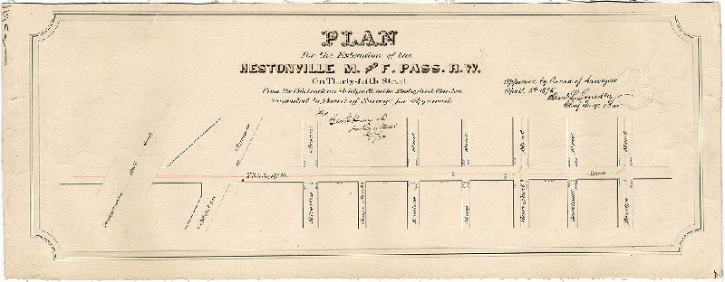 Plan, Plan showing the proposed extension of the Hestonville, M. [Mantua] and F. [Fairmount] Pass. R.W. on Thirty-fifth Street from the Co.'s tracks on Bridge St. to the Zoological Garden [Approved by Board of Surveyors April 5, 1875]