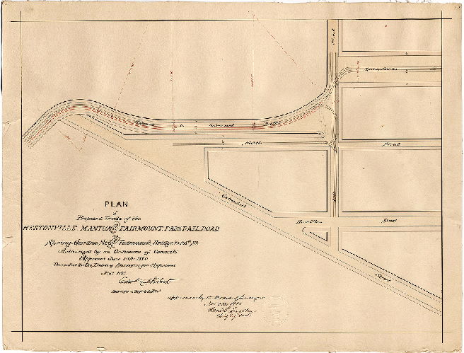 Plan, Plan of proposed tracks of the Hestonville, Mantua and Fairmount Pass. Rail Road on Spring Garden St. from Fairmount Bridge to 25th St. [Ordinance June 25, 1880; survey returned Nov. 1881; approved by Board of Surveyors Nov. 7, 1881]