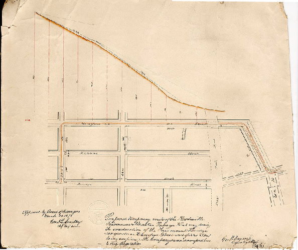 Plan, Proposed temporary route of the Hestonville Fairmount & Mantua Passenger Railway during the construction of the Fairmount Bridge - no grades on Haverford Street east of 33rd Street being confirmed the Company cannot adhere to City Regulation [Approved by Board of Surveyors March 23, 1873]