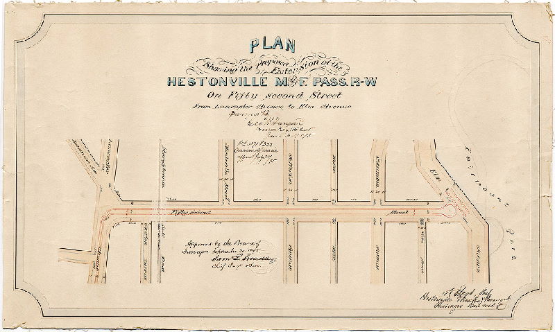 Plan, Plan showing the proposed extension of the Hestonville, M. [Mantua] and F. [Fairmount] Pass. R-W on Fifty-second Street from Lancaster Avenue to Elm Avenue [Approved by Board of Surveyors Sept. 20, 1875]