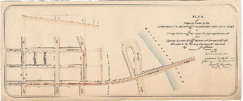 Plan, Plan of proposed tracks of the Hestonville, Mantua and Fairmount Pass. Rail Road on Thirty-first St. from Haverford to Spring Garden St. and Spring Garden St. from Fairmount Bridge to 33rd St. [Ordinance June 25, 1880; survey returned Oct. 1881; approved by Board of Surveyors Nov. 7, 1881]
