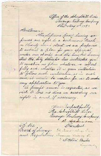 Plan, [Letter dated May 11, 1883, from D. Hopkinson, President, Schuylkill River Passenger Railway Co., and Matthew Brookes, President, Philadelphia and Grays Ferry Passenger Railway Co., to Board of Surveyors, asserting the companies' "right to a continuous track on Twenty-second Street."] 