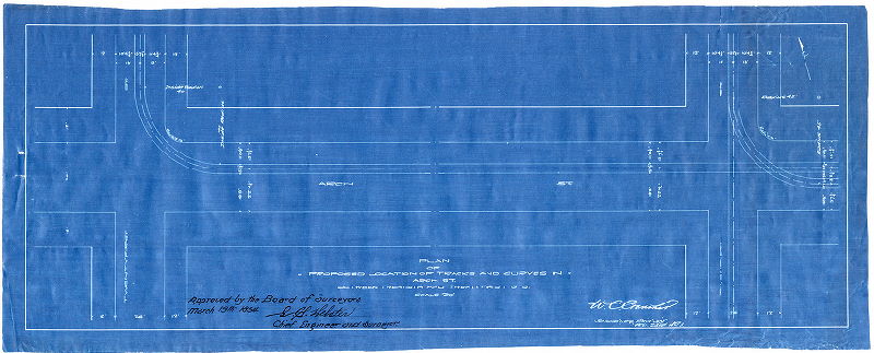 Plan, Plan of the proposed location of tracks and curves in Arch St. between Twentieth and Twenty-first Sts. [Survey returned Feb. 23, 1893; approved by Board of Surveyors March 19, 1894]