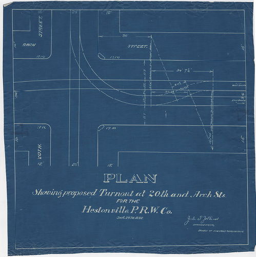 Plan, Hestonville P.R.W. Co. Plan showing proposed turnout at 20th and Arch Sts. for the 