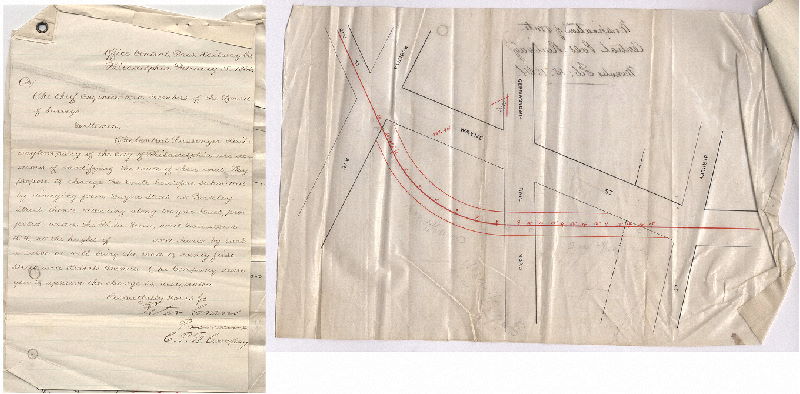 Plan, [Letter and plan, detailing slight change of tracks of the Central Passenger Railway, on Wayne Ave. between Berkley St. and Roberts Ave. On reverse: "Modification of route, Central Pass. Railway, Minutes Feb. 15, 1864"]