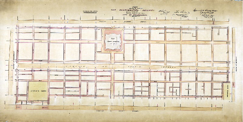 Plan (alternate image), Plan showing the route and location of the Continental Railway through the Third Survey District, City of Philadelphia, Dec. 1873 [Approved by Board of Surveyors Jan. 5, 1874]