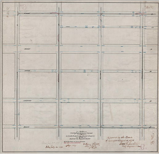 Plan, Plan showing proposed curves & turnouts on 17, 18, 19, 20, Filbert and Sansom Streets of the Continental Passenger Railway [Approved by Board of Surveyors Aug. 4, 1879]