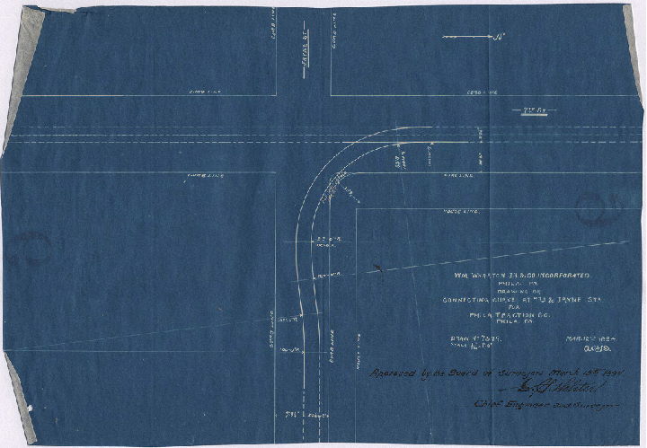 Plan, Drawing of connecting curve at 7th & Jayne Sts. for Phila. Traction Co., Phila., Pa. Wm. Wharton Jr. & Co. Incorporated, Phila., Pa., Drawing No. 7579 [Approved by Board of Surveyors March 19, 1894]