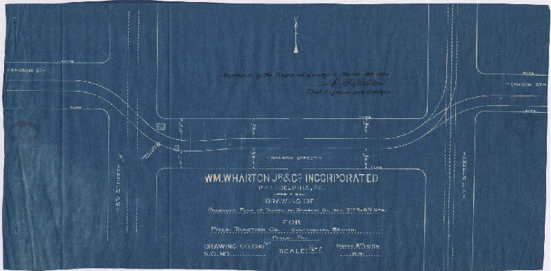Plan, Proposed plan of tracks on Sansom St. bet. 7th and 8th Sts. for Phila. Traction Co. - Continental Branch, Phila., Pa. Wm. Wharton Jr. & Co. Incorporated, Drawing No. 7521 [Approved by Board of Surveyors March 19, 1894]