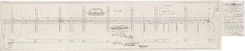 Plan, Plan and profile showing the extension of the Union Passenger Railway along Market St. from Ninth St. to Front St. [Survey returned and approved March 17, 1873; with attached letter]