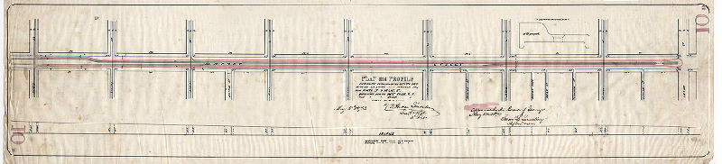 Plan, Plan and profile showing the extension of the Union Passenger Railway along Market St. from Ninth St. to Front St. [Survey returned and approved May 5, 1873]