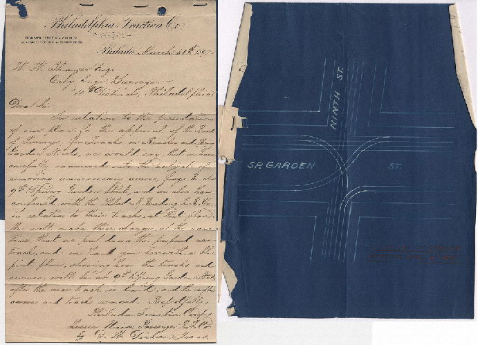 Plan, [No title. Passenger railway track alignment at intersection of 9th and Spring Garden Sts., approved by Board of Surveyors April 4, 1892, with attached letter from D. H. Dickson, Treasurer, PTC, to W. W. Thayer, Surveyor 4th District, dated March 31, 1892]
