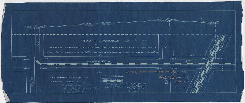 Plan, Plan and profile of proposed extension of Union Pass. R.W. Co.'s track on Wharton St. from Point Breeze Ave. to 22nd St. [Ordinance July 15, 1890; approved Aug. 4, 1890]