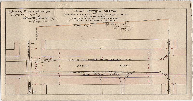 Plan, Plan showing change of Thirteenth and Fifteenth Streets Railway tracks on Broad St. from Carpenter St. to Washington Ave. on account of widening the footways [Approved Dec. 7, 1874]
