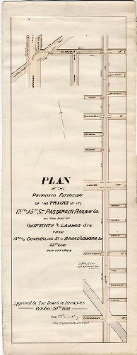 Plan, Plan of the proposed extension of the tracks of the 13th & 15th St. Passenger Railway Co. on the line of 13th and Cambria Sts. from 13th and Cumberland St. to Broad and Cambria Sts., 28th Ward, Philadelphia [Approved May 20, 1889]