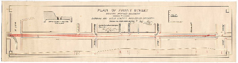 Plan, Plan of Front Street showing proposed extension of Lombard and South Streets Passenger Railways through the Third Survey District [Approved by Board of Surveyors May 5, 1873]