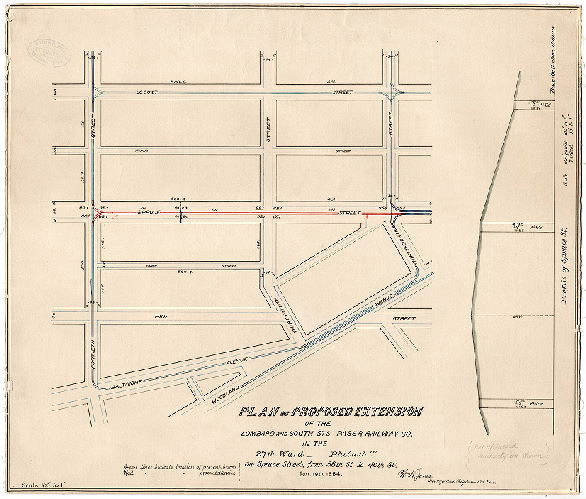 Plan, Plan of proposed extension of the Lombard and South Sts. Pass'r. Railway Co. in the 27th Ward, Philad'a. [Survey returned June 19, 1884]