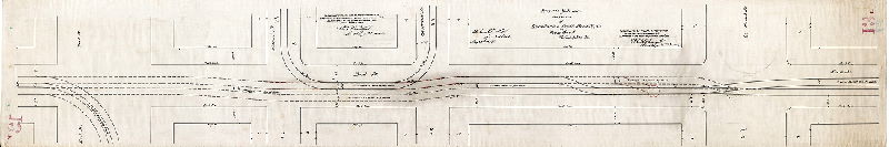 Plan, Proposed extension of the tracks of the Lombard & South Street R'y. Co. on Front Street, Philadelphia, Pa. [Survey returned May 27, 885, and amended as follows: "Turntable to be located 22 feet south of the south line of Market St., as approved by the Board of Surveyors Jan. 25th, 1886" and "To connect with and run on the tracks of the Chestnut and Walnut Street Passenger railway Co. as approved by the Board of Surveyors January 25th, 1886"] 