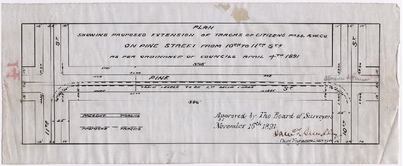 Plan, Plan showing proposed extension of tracks of Citizens Pass. R.W. Co. on Pine Street from 10th to 11th Sts. [Ordinance April 4, 1891; approved Nov. 16, 1891]