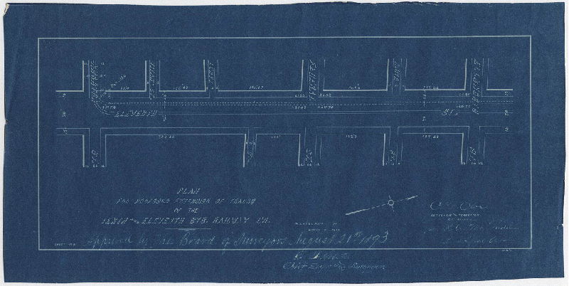 Plan, Plan for proposed extension of tracks of the Tenth and Eleventh Sts. Railway Co. Sheet No. 2 [Survey returned and approved Aug. 21, 1893] 