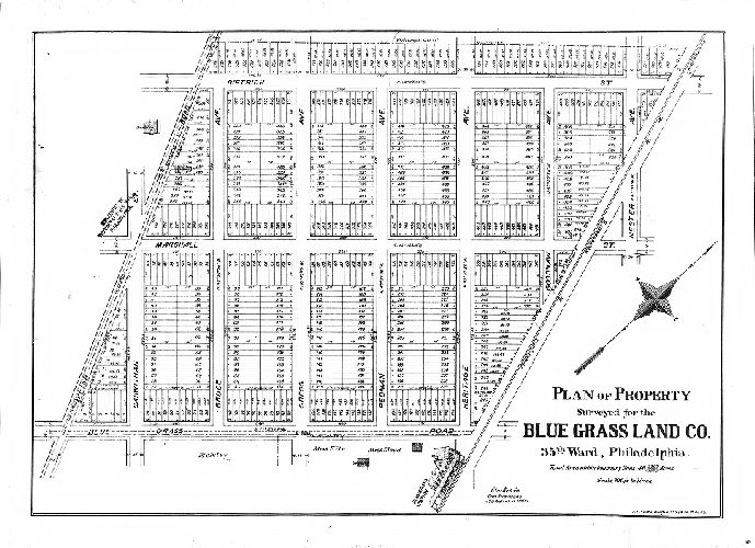 Plan, Plan of property surveyed for the Blue Grass Land Co., 35th Ward, Philadelphia. Total area within boundary lines 46-3307/10000 acres. Scale 100 feet to 1 inch. Clarke & Co., Civil Engineers, 430 Walnut St. Phila. J. L. Smith, Map Publ., 27 S. 6th St. Philad'a.