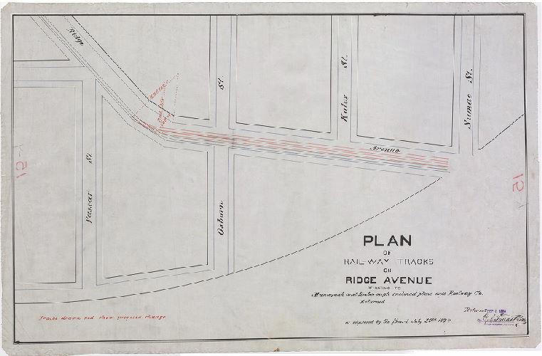 Plan, Plan of rail-way tracks on Ridge Avenue belonging to Manayunk and Roxborough Inclined Plane and Railway Co. [Plan originally approved July 20, 1874; survey with changes returned Sept. 3, 1888]