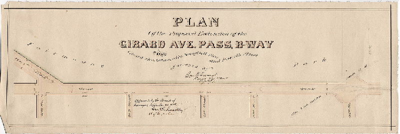 Plan, Plan of the proposed extension of the Girard Ave. Pass R-Way on Girard Ave. between the Schuylkill River and Fortieth Street [Survey returned Sept. 6, 1875; approved by Board of Surveyors Sept. 20, 1875]