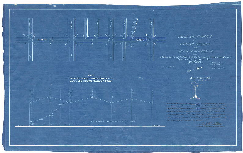 Plan, Plan and profile of Ostego Street from Jackson St. to Mifflin St. showing route of the Moyamensing Ave. and Penrose Ferry Road Passenger Railway Co., First Ward, Philadelphia [Survey returned June 26, 1893; approved by Board of Surveyors Aug. 5, 1895]