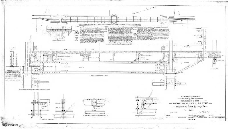 Plan, Proposed sidewalk, location of tracks and reinforcement of floor - Penrose Ferry Ridge, Southwestern Street Railway Co. Plan returned Jan. 31, 1899 by Herbert A. Clarke, consulting engineer; approved by Board of Surveyors March 6, 1899]