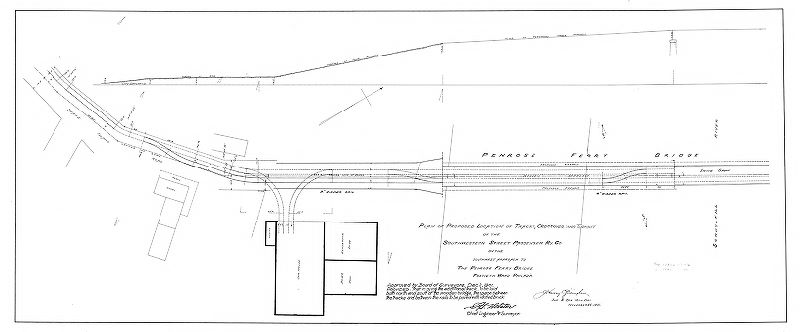 Plan, Plan of proposed location of tracks, crossover and turnout of the Southwestern Street Passenger Ry. Co. on the southwest approach to the Penrose Ferry Bridge, Fortieth Ward, Philad'a. [Approved by Board of Surveyors Dec. 2, 1901]