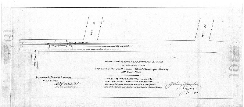 Plan, Plan of the location of a proposed turn-out at Ninetieth Street on the line of the South-western Street Passenger Railway, 40th Ward Phila. [Approved by Board of Surveyors July 21, 1902]