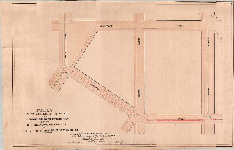 Plan, Plan of the extension of the tracks of the Lombard and South Streets P.R.W. and of the West End, Angora and Park P. [Passenger] R.W. [Rail Way] on Thirty-third Street from Spruce St. to Walnut St. [Survey returned March 6, 1882; approved by Board of Surveyors March 20, 1882]