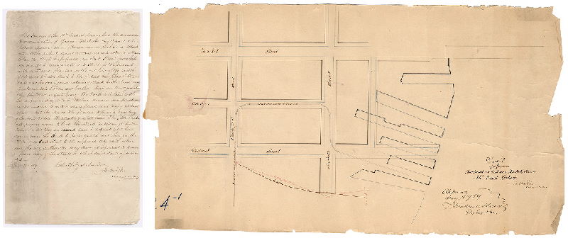 Plan, Draft of a proposed railroad on Oak and Thirtieth Streets, 24th Ward, Philada. Jas. Miller, Surveyor 12 Dist. Approved May 16th 1859 Strickland Kneass, Chief Eng. & Sur. [Attachment: report from Surveyor on rail types]