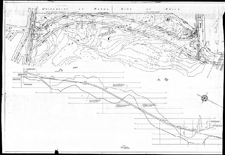 Plan, [No title. Plan showing topography and profile of University Ave. from Woodland Ave. and Vintage Ave. and vicinity. This plan correlates to a series of before and after photographs showing the extension of University Avenue through Woodlands Cemetery property.]