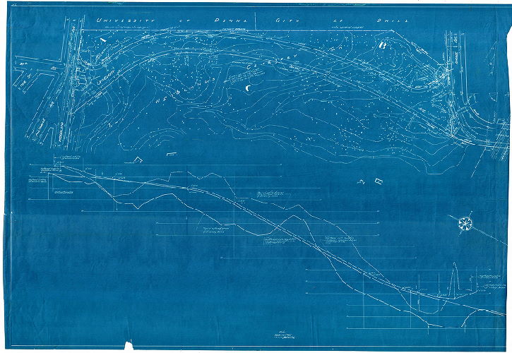 Plan, [No title. Plan showing topography and profile of University Ave. from Woodland Ave. and Vintage Ave. and vicinity. This plan correlates to a series of before and after photographs showing the extension of University Avenue through Woodlands Cemetery property.]