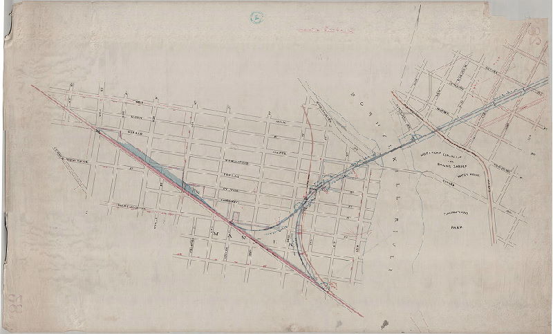 Plan, [Handwritten title on reverse: "Junction of P.R.R. [Pennsylvania Railroad] and Connecting R.R." From 90.14 index, p. 354: "Penna R.R. - Connecting R.R. Tracing of connection of New York Branch with Western Main Line of P.R.R." Date stamp from "Office of Consulting Engineer, P.R.R., Philad'a. Sep. 28, 1874]
