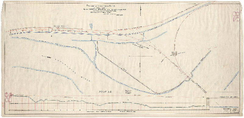 Plan, Pennsylvania Rail Road. Branch Line. From Arsenal Bridge to West Chester R.R. Location of Feb. 21st, 1876. Scale 100 ft. to an inch. Geo. W. Leuffer, Engineer.