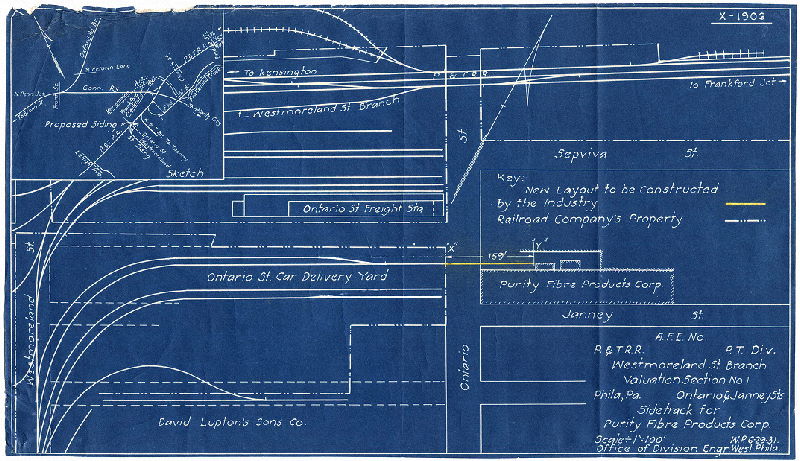 Plan, P. & T. R. R. P. T. Div. Westmoreland St. Branch, Valuation Section No. 1, Phila., Pa. Ontario & Janney Sts. Sidetrack for Purity Fibre Products Corp.
