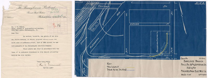 Plan, Conn. Ry., P.T. Div., Engelside Branch, Phila., Pa. 30th and Jefferson Sts., siding for Philadelphia Electric Co. [With attached letter]