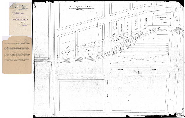 Plan, Plan showing tracks of the P. & R. Ry. on Willow St. between Front St. & Second St. Phila., Pa. [Two attachments: Memorandum and ordinance regarding permission for railroad siding, dated Dec. 31, 1901, from O[scar] Thompson, special agent of the Philadelphia & Reading Railway Co.]