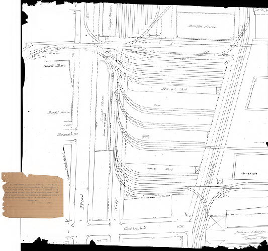 Plan, [Handwritten title on reverse: "Proposed freight house and tracks at Front and Willow Sts." Attachment: Memorandum from R. M. Downing to "Chief" regarding Oscar Thompson's visit to office, dated Jan. 27, 1898]