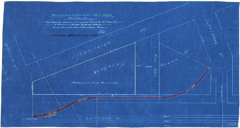 Plan, Philadelphia & Reading Ry. - Phila. Division - Bethlehem Br. Plan showing location of proposed siding for the Crane Co. on American St. between Master and Jefferson in the 17th Ward of the City of Philadelphia, Pennsylvania [Ordinance May 12, 1905]