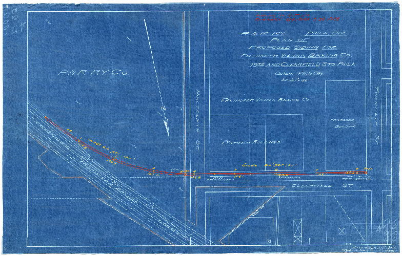 Plan, P. & R. RY - Phila. Div. Plan of proposed siding for Freihofer Vienna Baking Co., 19th and Clearfield Sts., Phila.