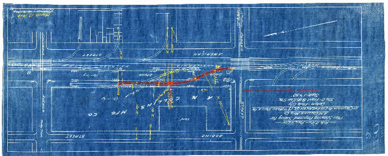 Plan, P. & R. RY - Phila. Div. Plan showing proposed siding for A. M. Collins Mfg. Co. at Columbia Ave. & American St., 19th Ward Phila.