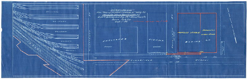 Plan, P. & R. RY - Phila. Div. Plan showing proposed extension of siding for Freihofer Vienna Baking Company at 20th and Clearfield Sts., 38th Ward, Phila. [Ordinance March 13, 1908]